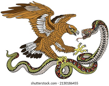 Eagle fighting with a snake serpent. Tattoo style vector illustration