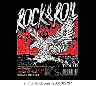 Águila con ilustraciones de fuego. Gira de música sin miedo. Diseño de camiseta de Vector vintage de águila. Rock y rollo con ilustraciones del logotipo del ala para la ropa y otros.	