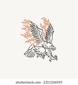 Eagle Fire Vector Art. Eagle Vintage Vector Illustration. Black and White Illustration