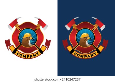 herramientas y equipo de casco para bomberos de águila Insignia del departamento de bomberos Ilustración del logotipo vectorial