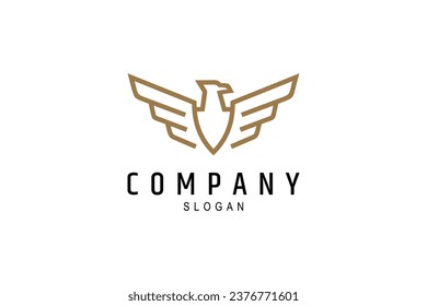 Eagle flapping its wings with breast shield emblem on line art logo design