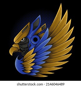 Eagle flapping wings with engraving style vector illustration
