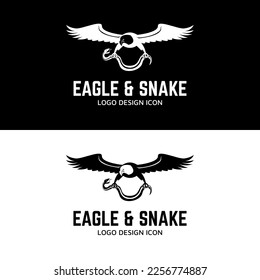 Eagle flies and clutching a snake in fight with retro vintage style logo design mascot character