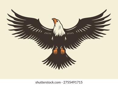 An eagle flies high above a forest filled with trees. The bird spreads its wings wide searching for food below. Sunlight filters through the leaves creating shadows on the ground.