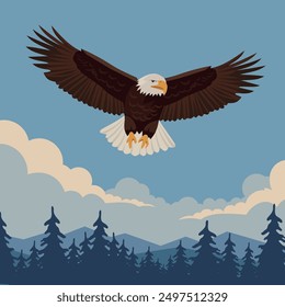 Eagle flies at high altitude with wings spread out on a sunny day in the forest. Vector illustration