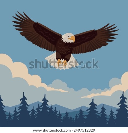 Eagle flies at high altitude with wings spread out on a sunny day in the forest. Vector illustration