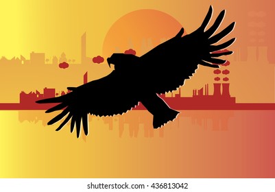 Eagle flies over the city. Vector