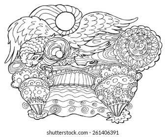 The eagle flies over the field - isolated black white vector illustration, stylized engraving
