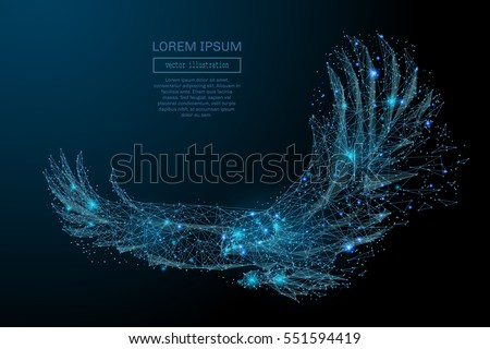 Eagle in flight from abstract polygonal points blue. Low poly eagle in motion, lines and connected to form, vector illustration.