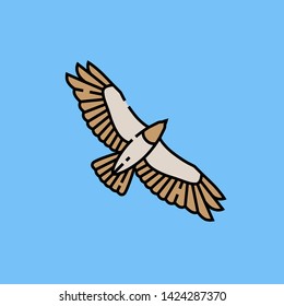 Eagle flight line icon. Hawk wingspan symbol. Bird of prey flying graphic isolated on blue background. Vector illustration.
