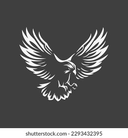 Eagle flight with open wings hunting monochrome vintage t shirt print emblem design icon vector illustration. Flying falcon hawk wild bird enjoy freedom travel adventure exploration nature discovery
