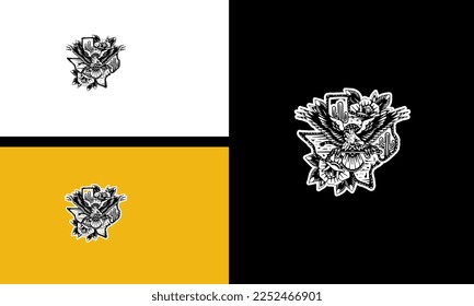 eagle and flowers vector outline design
