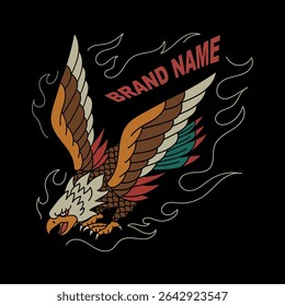 Eagle Fly Tattoo Style Illustration, A Slogan Artwork on Black Background