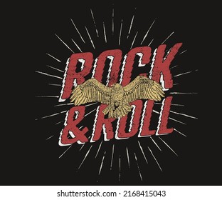 Eagle Fly Vector Artwork Design For T-shirt And Others. Rock And Roll Graphic Print Design For Apparel, Stickers, Posters And Background. Music Tour Logo Design.