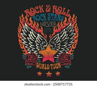 Eagle fly vector artwork design for shirt and others. Rose flower artwork. Rock star never die. Eagle wing with fire. Rock and roll graphic print design for apparel, stickers, posters and background.