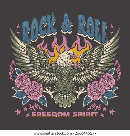 Eagle fly vector artwork design rock and roll for t-shirt and others. Rock and roll graphic print design for apparel, stickers, posters and background.