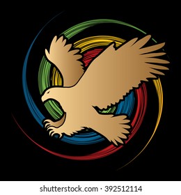 Eagle flying attack designed on spin wheel background graphic vector.