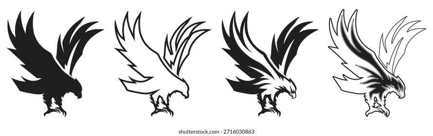 Eagle Flying  Attack Pose Silhouette Vector Set.