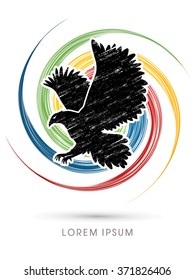 Eagle flying designed using grunge brush on spin wheel background graphic vector.