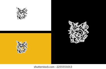 eagle flying and flowers vector outline design