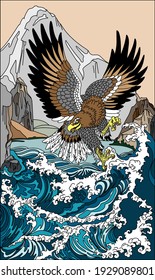 Adler, der tief über dem Sturmmeer fliegt. Ein Raubvogel in einer Landschaft mit Berg, Felsen und Wasser. Vektorgrafik im Grafikstil