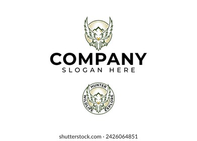 eagle flying with mountain badge logo design for adventure sport business