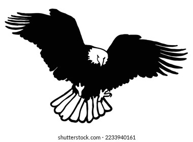 eagle flying with open wings bottom view silhouette, bald eagle bottom view logo vector illustration