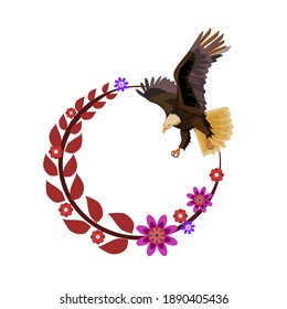 The eagle was flying over a branch that was bent in a circular shape.With flowers on the branches.
The eagle is flying.Floral wreath with leaves for wedding and holiday. Decorative elements for design