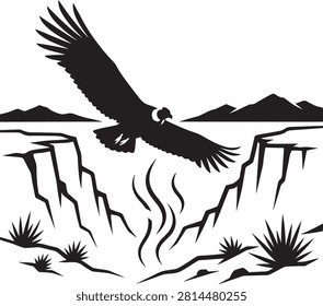 Eagle flying over a deep canyon mountain landscape silhouette graphic