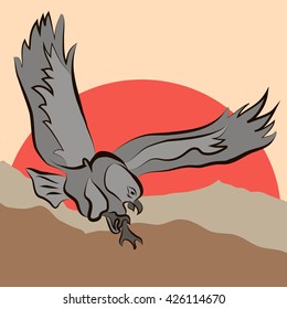 eagle flying over mountainous terrain at sunset