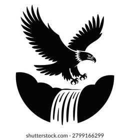 Eagle flying over a waterfall silhouette vector landscape illustration