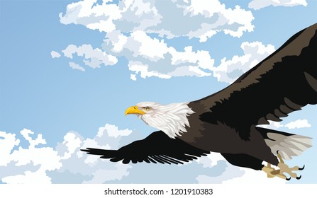 Eagle flying in the sky. The bird hovers against the blue sky, clouds. Vector illustration