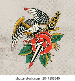 eagle flying with sword and red rose