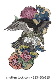Eagle flying tattoo.Traditional Japanese eagle with Thai flower on cloud tattoo.White headed American bird tattoo design.