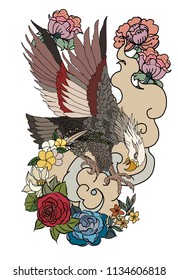 Eagle flying tattoo.Traditional Japanese eagle with Thai flower on cloud tattoo.White headed American bird tattoo design.