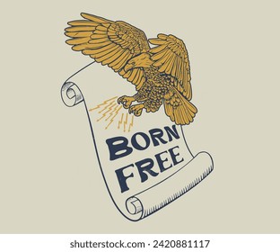 eagle flying vector art, born free typography artwork for t shirt sticker, poster, graphic print, retro vintage eagle design for apparel 