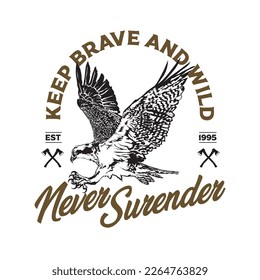Eagle flying vector illustration in vintage hand drawn style, perfect for t shirt design, club and brand logo