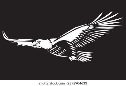 Eagle flying, vector illustration, white lines, black background.