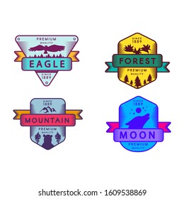 Eagle and Forest, Moon and Mountain Badges Set Logo. Colorful Assortment Trademark Premium Quality. Wolf and Deer, Bear and Bird Silhouettes on Design Logotype Template Vector Flat Illustrations