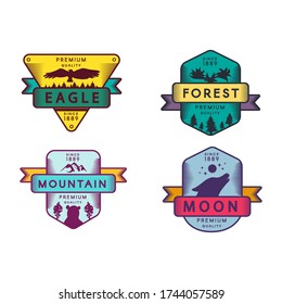 Eagle and Forest, Moon and Mountain Badges Set Logo. Colorful Assortment Trademark Premium Quality. Wolf and Deer, Bear and Bird Silhouettes on Design Logotype Template Vector Flat Illustrations
