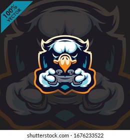 Eagle Gamer holding Game-pad Joystick. Mascot logo design modern illustration concept style for badge, emblem, tshirt printing. Gamer illustration for esport team. Scalable and editable Vector.