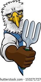 An eagle gardener cartoon gardening animal mascot holding a garden fork tool peeking round a sign