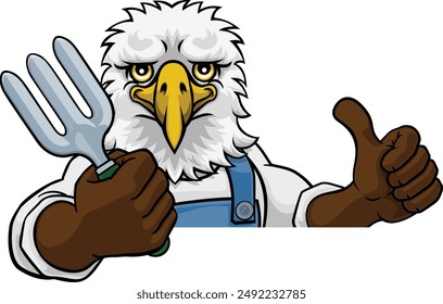 An eagle gardener cartoon gardening animal mascot holding a garden fork tool peeking round a sign and giving a thumbs up