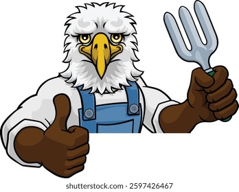 An eagle gardener cartoon gardening animal mascot holding a garden fork tool peeking round a sign and giving a thumbs up