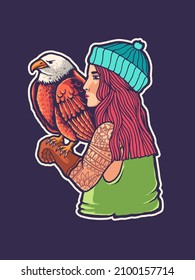 eagle and girl vector print illustration