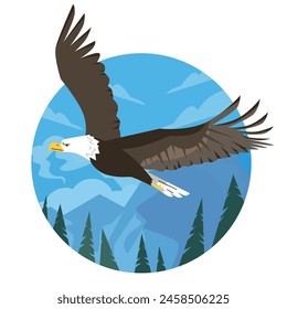 Eagle gliding over a mountainous landscape. Vector illustration captures the grace and freedom of the bird in the wild.