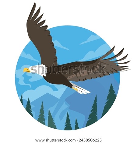 Eagle gliding over a mountainous landscape. Vector illustration captures the grace and freedom of the bird in the wild.