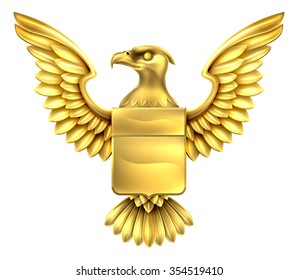 An eagle golden metal shield heraldic heraldry coat of arms design.