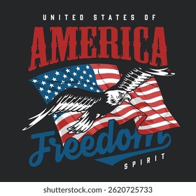 An eagle gracefully flies above the American flag showcasing patriotism and freedom. The design incorporates bold colors representing the United States' spirit and national pride.