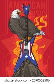 vector de águila y guitarra sobre fondo rojo